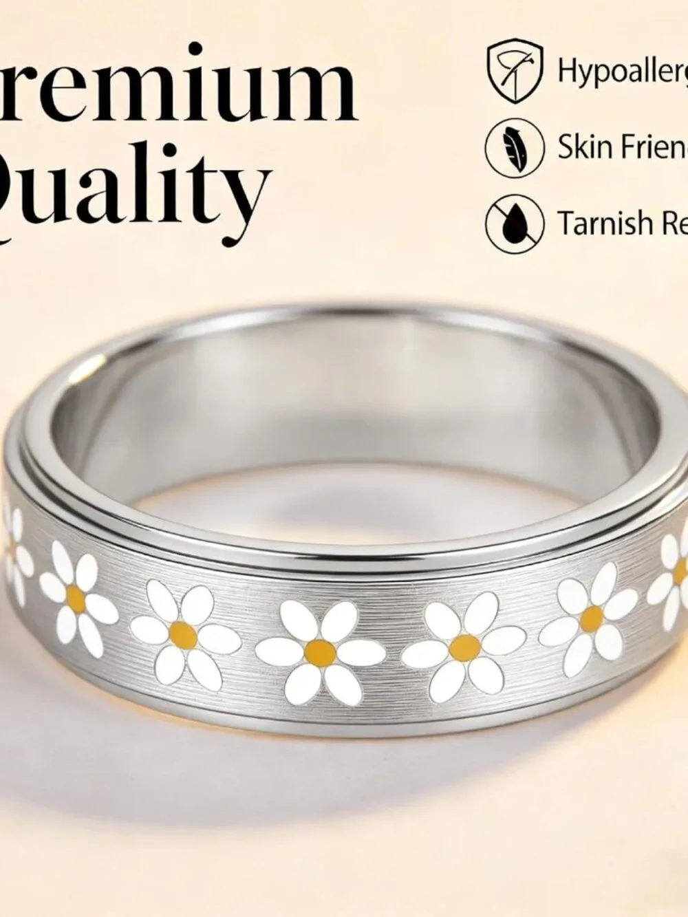 Daisy Fidget Ring for Anxiety Relief - 18K Gold Plated Stainless Steel Spinner B - Picture 4 of 7